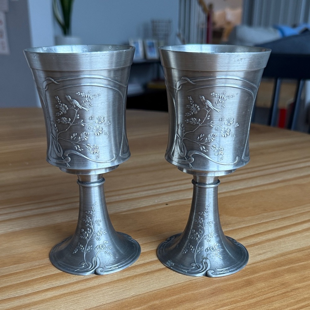 SKS-ZINN 95 SKS Design Bird‎ and Floral Pewter Wine Goblets